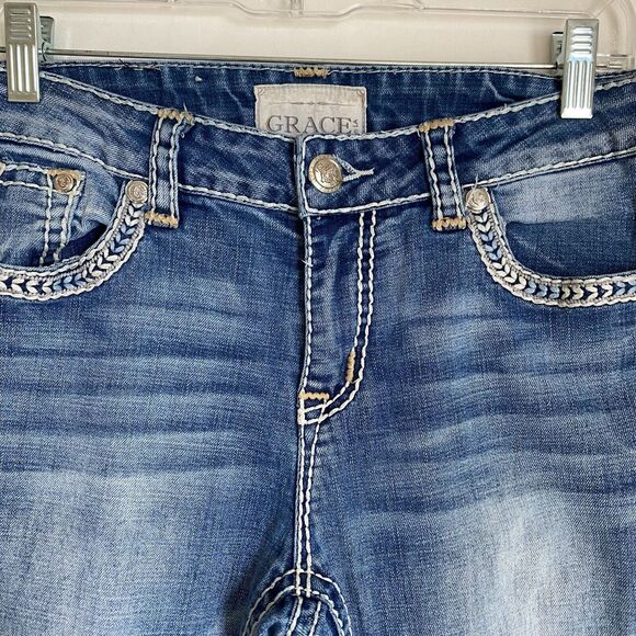 Grace In LA Bootcut Y2K Jeans Womens 28 Blue Thick Stitch Low Rise Flared Rock - Picture 5 of 11